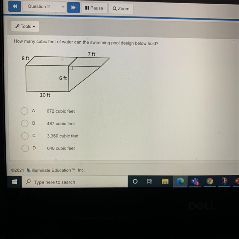 How many cubic feet of water can the swimming pool design below hold?-example-1