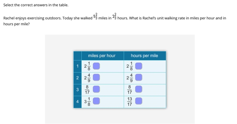 Select the correct answers in the table. Rachel enjoys exercising outdoors. Today-example-1