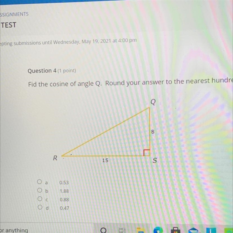 Fid the cosine of angle Q. Round your answer to the nearest hundredth.-example-1