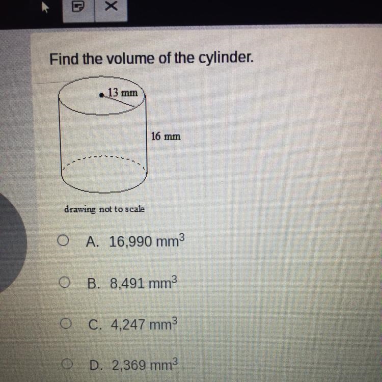 Find the volume of the cylinder. 13 radius 16 height-example-1