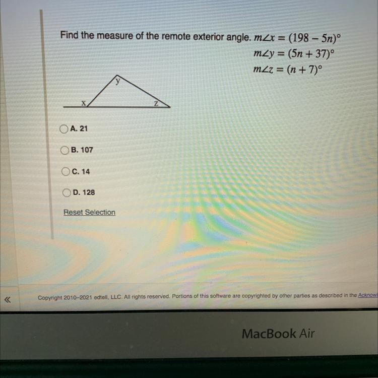 Find the measure of the remote exterior angle. (Angles above)-example-1