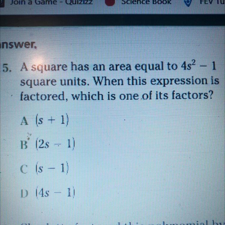 a square has an area equal to 4s^2-1 square units. when this expression is factored-example-1