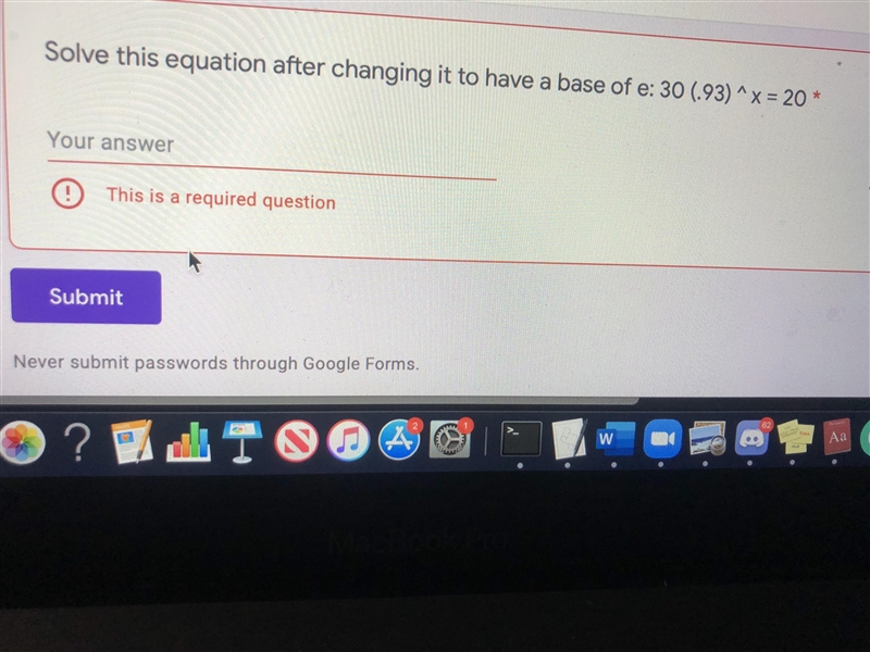 PLEASE HELPPPPPP Solve this equation after changing it to have a base of e: 30 (.93) ^ x-example-1