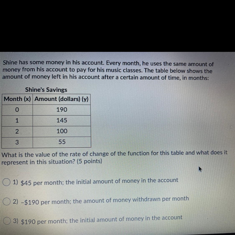 Shine has some money in his account.Every Month, he used the same amount of money-example-1