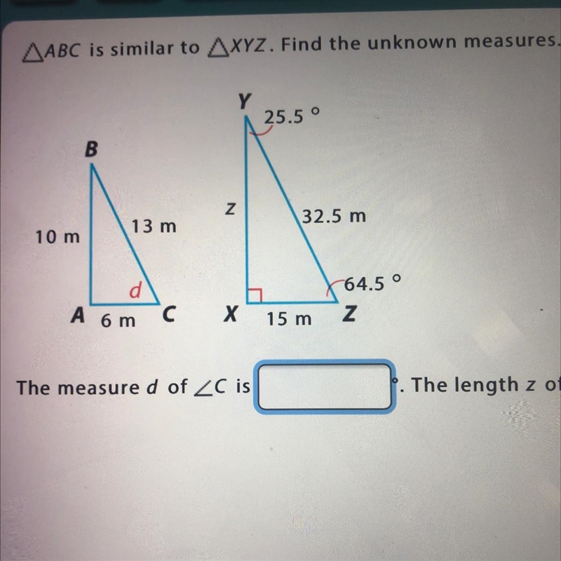 ABC is similar to XYZ. Find the unknown measures.-example-1