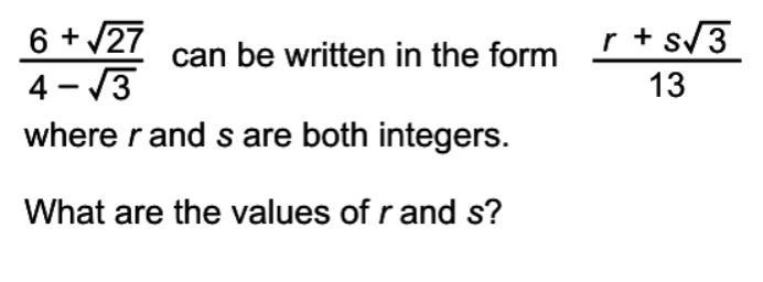 (6 + root27)/(4 - root3) can be written in the form (r + sroot3)/13-example-1