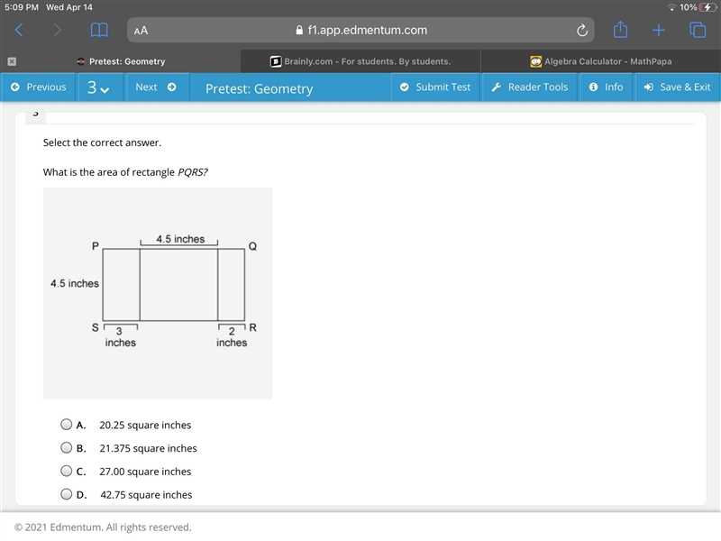 What is the area of rectangle PQRS? A. 20.25 square inches B. 21.375 square inches-example-1