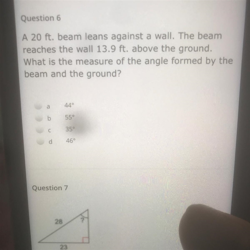 A 20 ft. beam leans against a wall. The beam reaches the wall 13.9 ft. above the ground-example-1