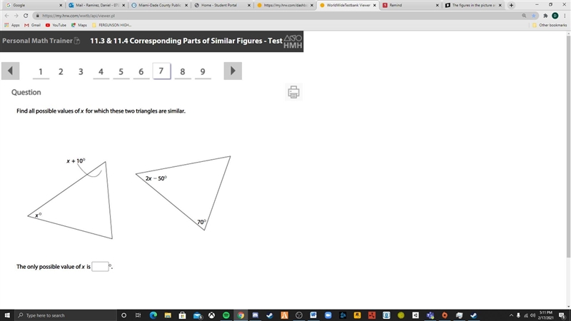 Find all possible values of x for which these two triangles are similar.-example-1