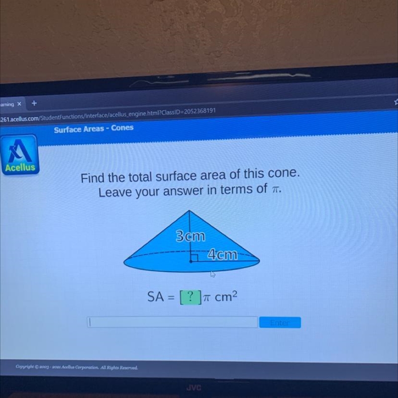 Find the total surface area of this cone. Leave your answer in terms of n. 3 cm h-example-1