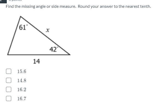 Find the missing side or angle of this equation. This is not a right triangle.-example-1