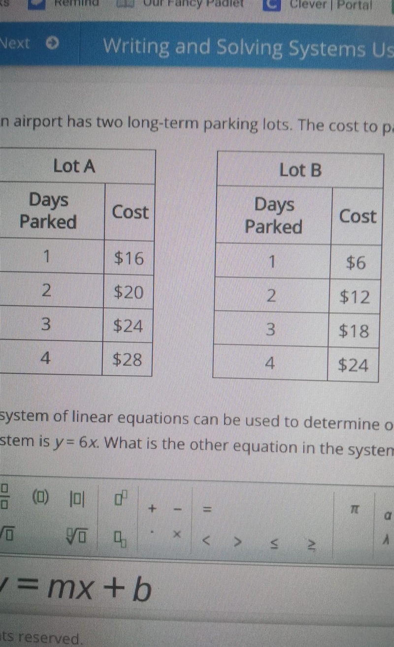 An airport has two long-term parking lots. The cost to park, y, in each lot for x-example-1