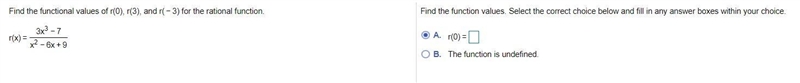 Find the functional values of r(0), r(3) and r(-3) for the rational function.-example-1
