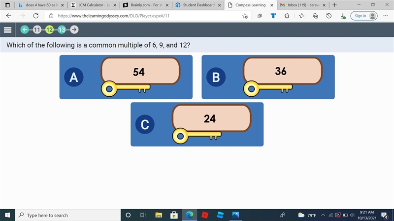 Which of the following is a common multiple of 6, 9, and 12?-example-1