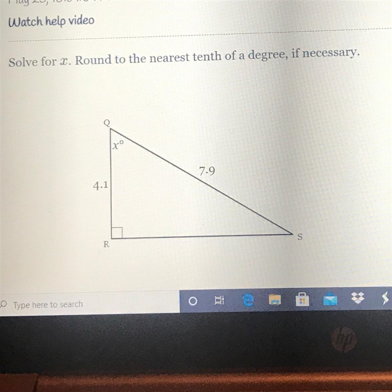 Solve for X. Round to the nearest tenth of a degree, if necessary. 7.9 4.1 R S.-example-1