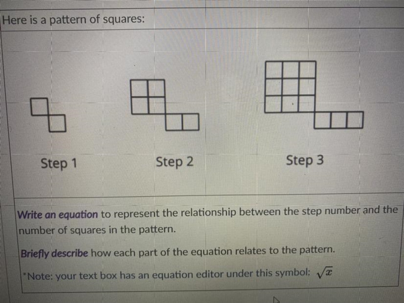 Here is a pattern of squares: Step 1 Step 2 Step 3 Write an equation to represent-example-1