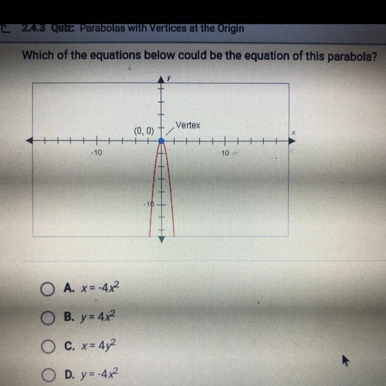 Which of the question below could be the equation of this parabola ? A) x=-4x^2 B-example-1