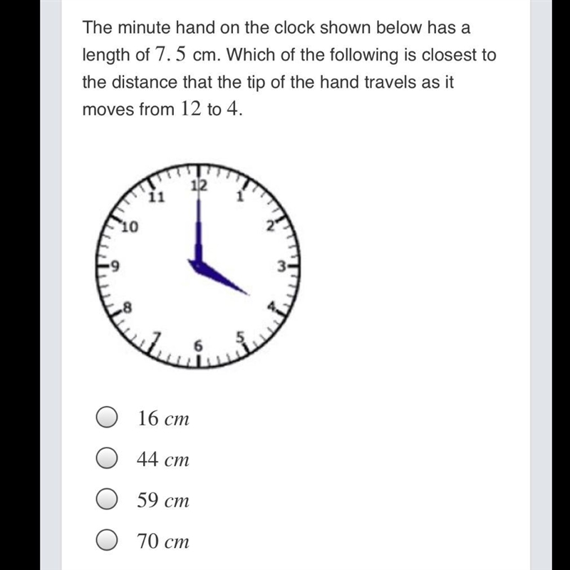 Which one shows the closest distance that the tip of the hand travels from 12 to 4-example-1