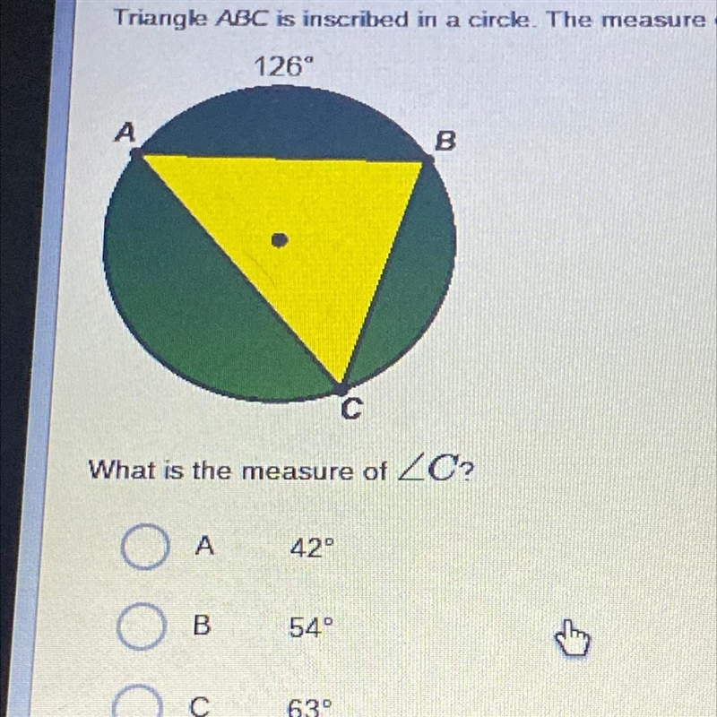 Triangle ABC is inscribed in a circle. The measure of arc AB is 126°.-example-1