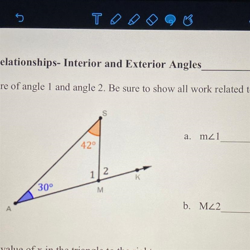 4. Triangle Relationships- Interior and Exterior Angles Find the measure of angle-example-1