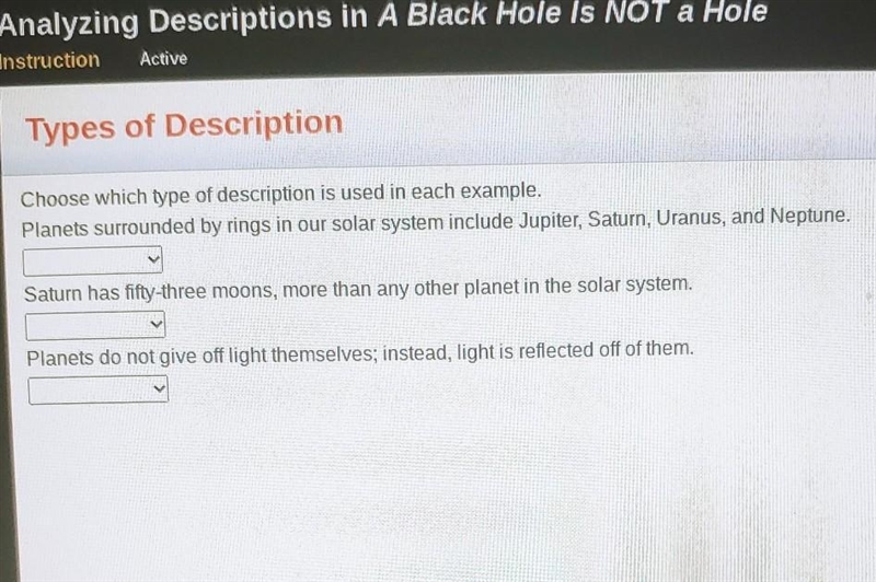 PLEASE HELP ME PLEASE!!!!!! Choose which type of description is used in each example-example-1