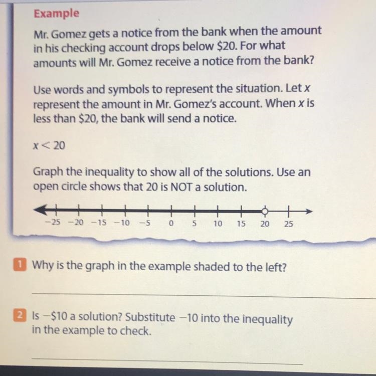 Is -$10 a solution? Substitute -10 into the inequality in the example to check.-example-1