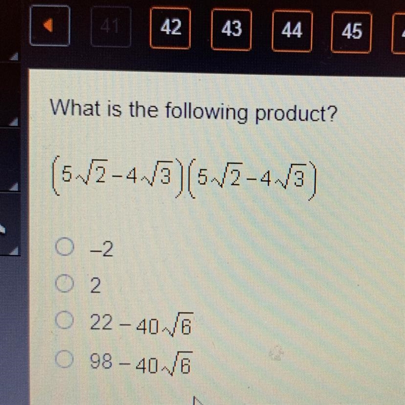 What is the following product? (5sqr2-4sqr3)(5sqr2-4sqr3)-example-1