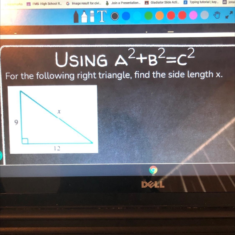 USING A2+B2=c2 For the following right triangle, find the side length x. DELL-example-1