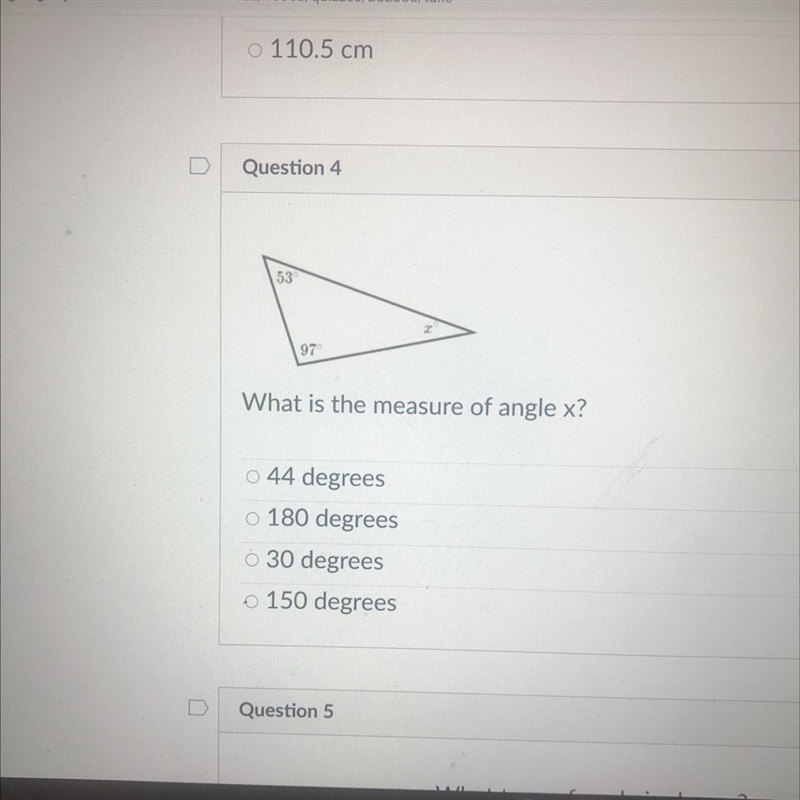 Please help please 53 97 What is the measure of angle x? o 44 degrees o 180 degrees-example-1