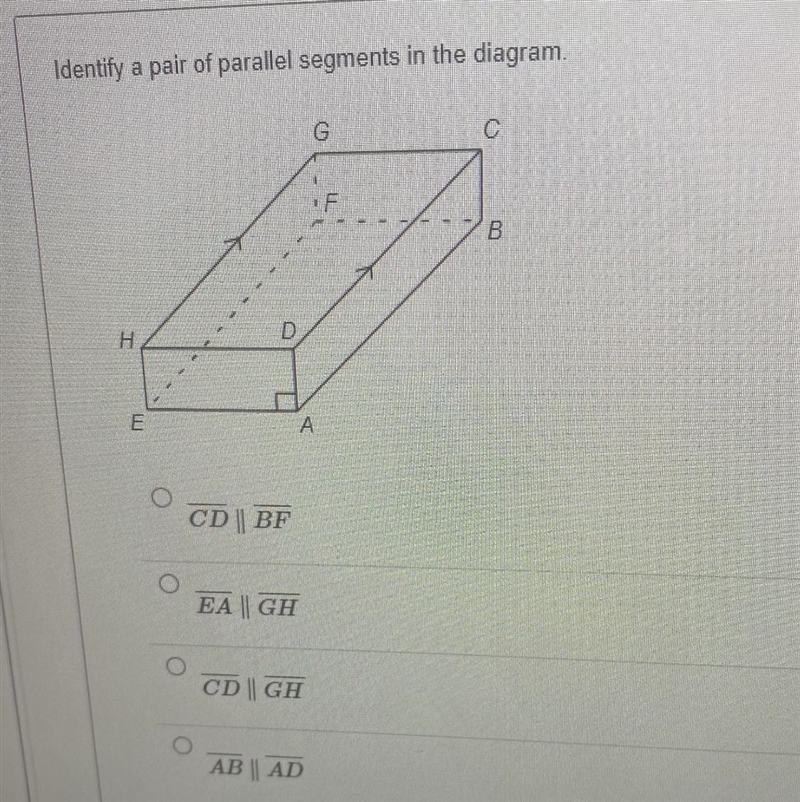 Identify a pair of parallel segments in the diagram. please help me asap!!!!!!-example-1