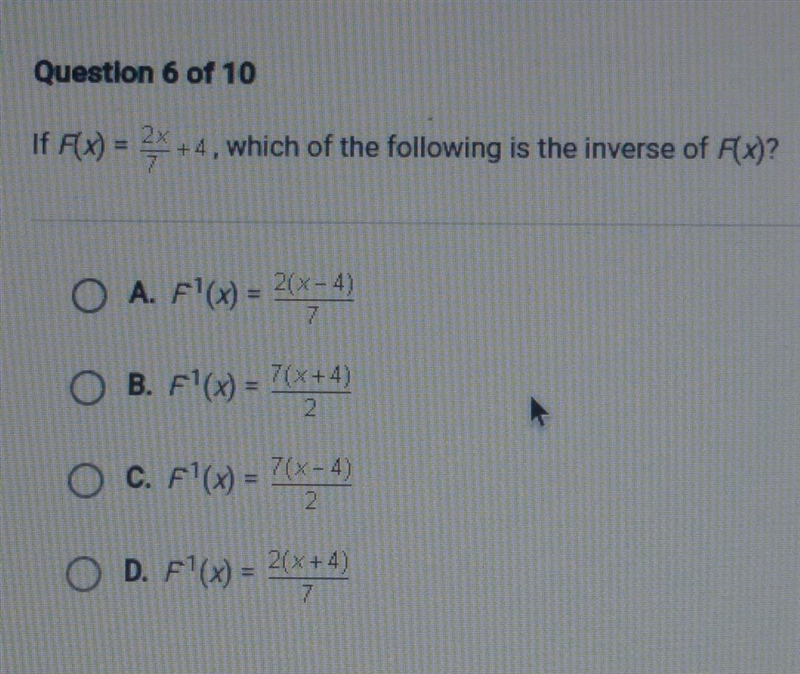 If F(x) = +4, which of the following is the inverse of Fx)? O A. F^1(x) = 2(x-4) O-example-1