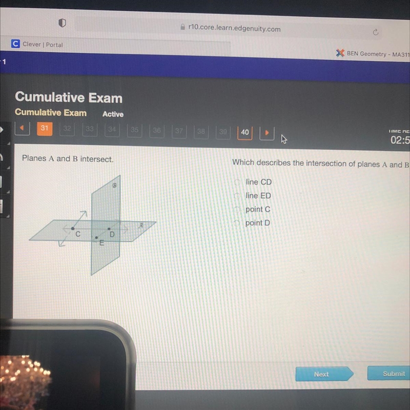 Which describes the intersection of planes A and B? O line CD O line ED O point C-example-1