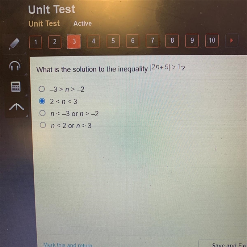 What is the solution to the inequality 120+5|>1? -3>n>-2 2 n<-3 or n &gt-example-1