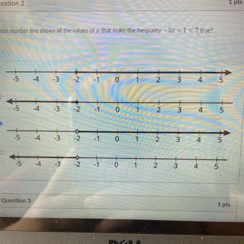 Which number line shows all the values of a that make the inequality - 3x +1 < 7 true-example-1