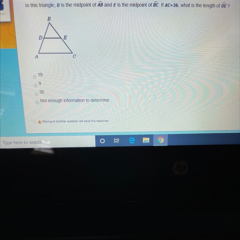 In this triangle, D is the midpoint of AB and E is the midpoint of BCIf AC = 36 what-example-1