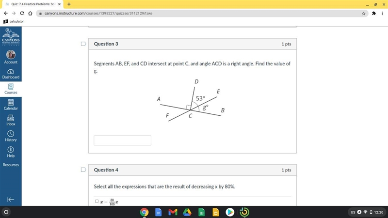 Segments AB, EF, and CD intersect at point C, and angle ACD is a right angle. Find-example-1