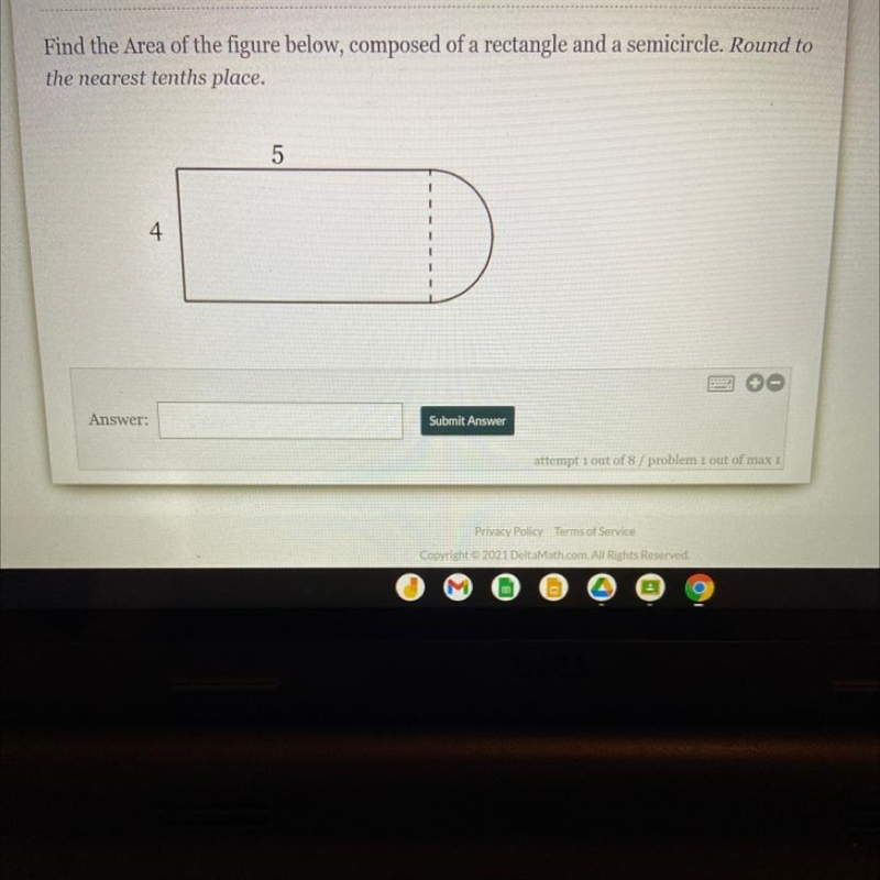 Find the area of the figure below, composed of a rectangle and semicircle. Round to-example-1