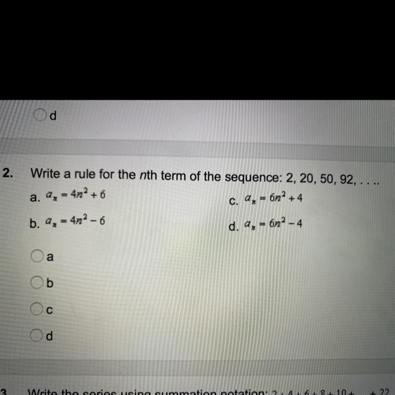 Write a rule of the nth term of the sequence: 2,20,50,92,...-example-1