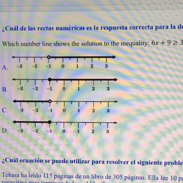 Which number line shows the solution to the inequality 6x+9 greater than or equal-example-1