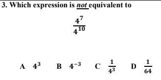 Which expression is not equivalent to 4^7/4^10-example-1