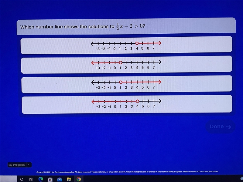 Which number line shows the solutions to 1/2 x -2 > 0-example-1