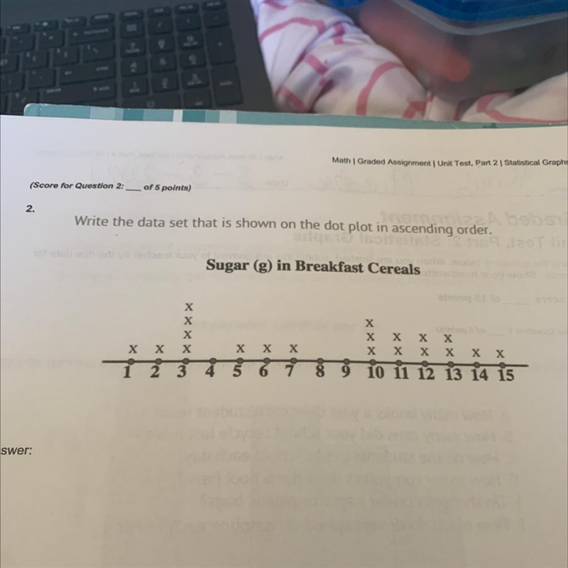 Write the data set that is shown on the dot plot in ascending order. Sugar (g) in-example-1