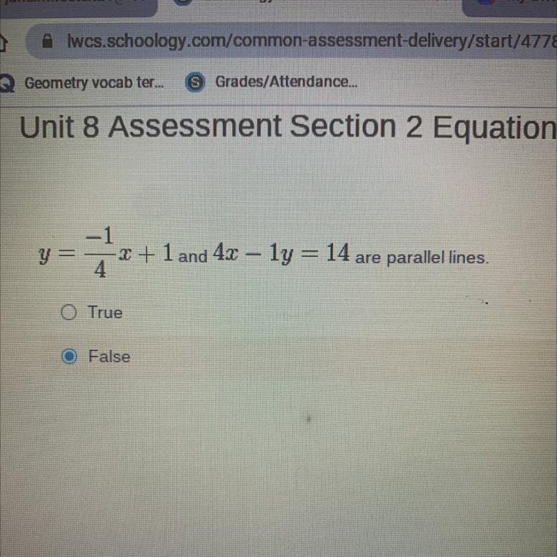 Y = 2 + 1 and 4x - ly = 14 are 4 parallel lines. O True O False-example-1