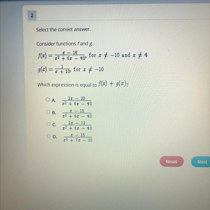 Select the correct answer. Consider functions fand g. 16 f(t) = 72 7 67 – 40 for x-example-1