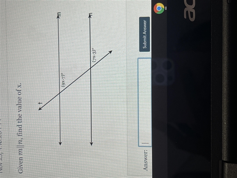 Please help ! Given m || n, find the value of x. (9x-7)°=(7x3)° … I don’t understand-example-1