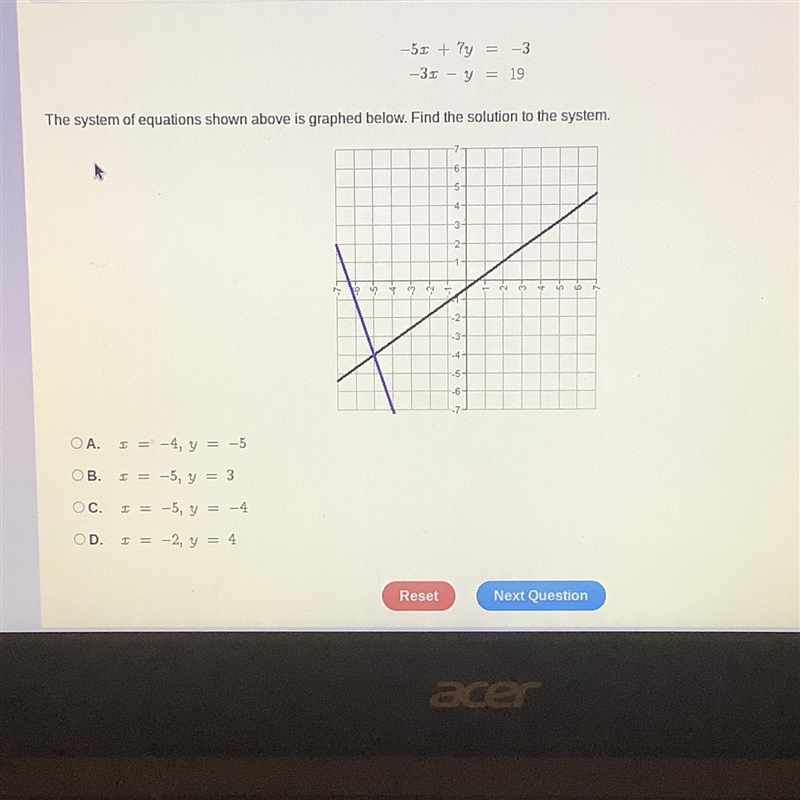 -5x + 7y = -3 -3x - y = 19-example-1