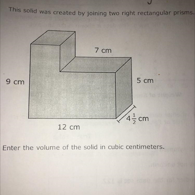 This solid was created by joining two right rectangular prisms. 7 cm 9 cm 5 cm 4 4 / 3cm-example-1