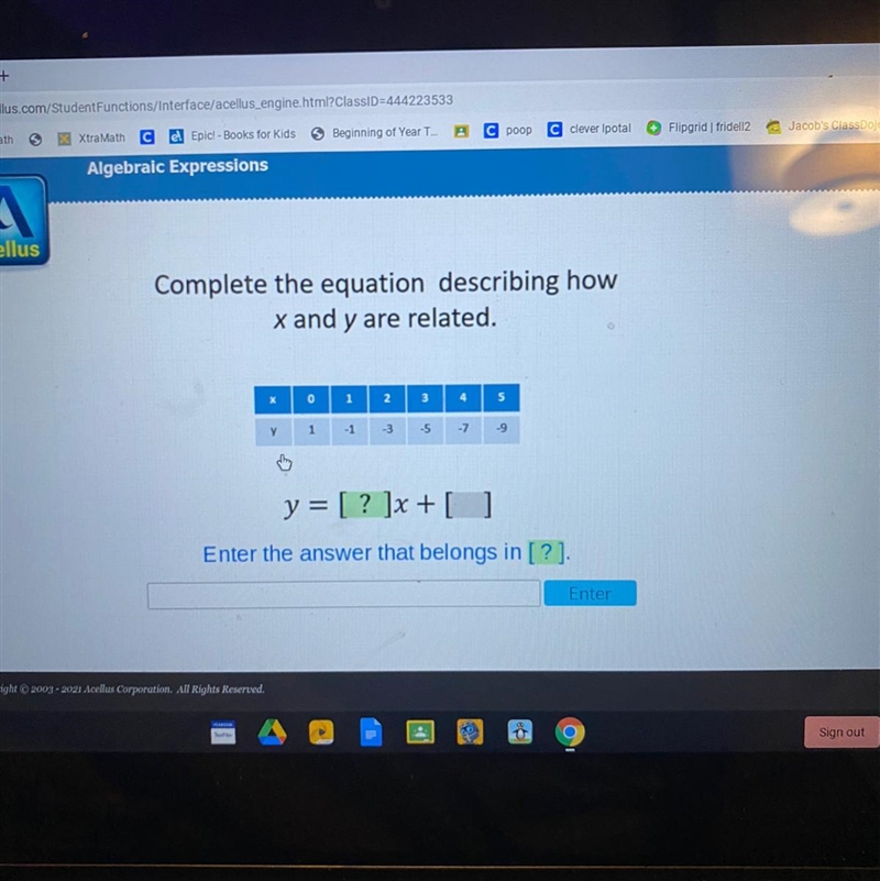 Complete the equation describing how x and y are related.-example-1