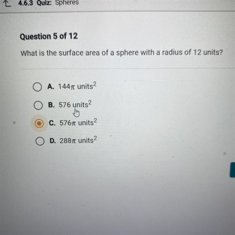 What is the surface area of a sphere with a radius of 12 units? A. 14471 units2 B-example-1