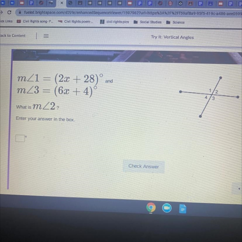 M 1 = (2x + 28) m 3= (6x + 4) What is m<2 Enter your answer in the box.-example-1